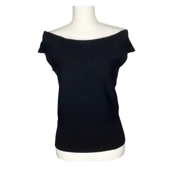 Reiss Megan Bardot Black Off The Shoulder Ribbed Knit Short Sleeve Top Large - Picture 2 of 8